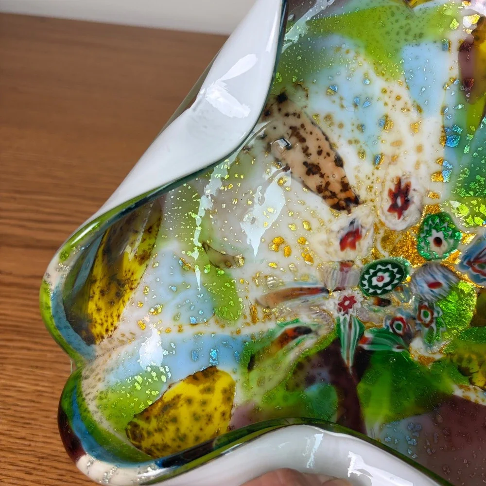 Vintage Murano Art Glass Bowl Gold Fleck Trifold White Green Tutti Fruitti